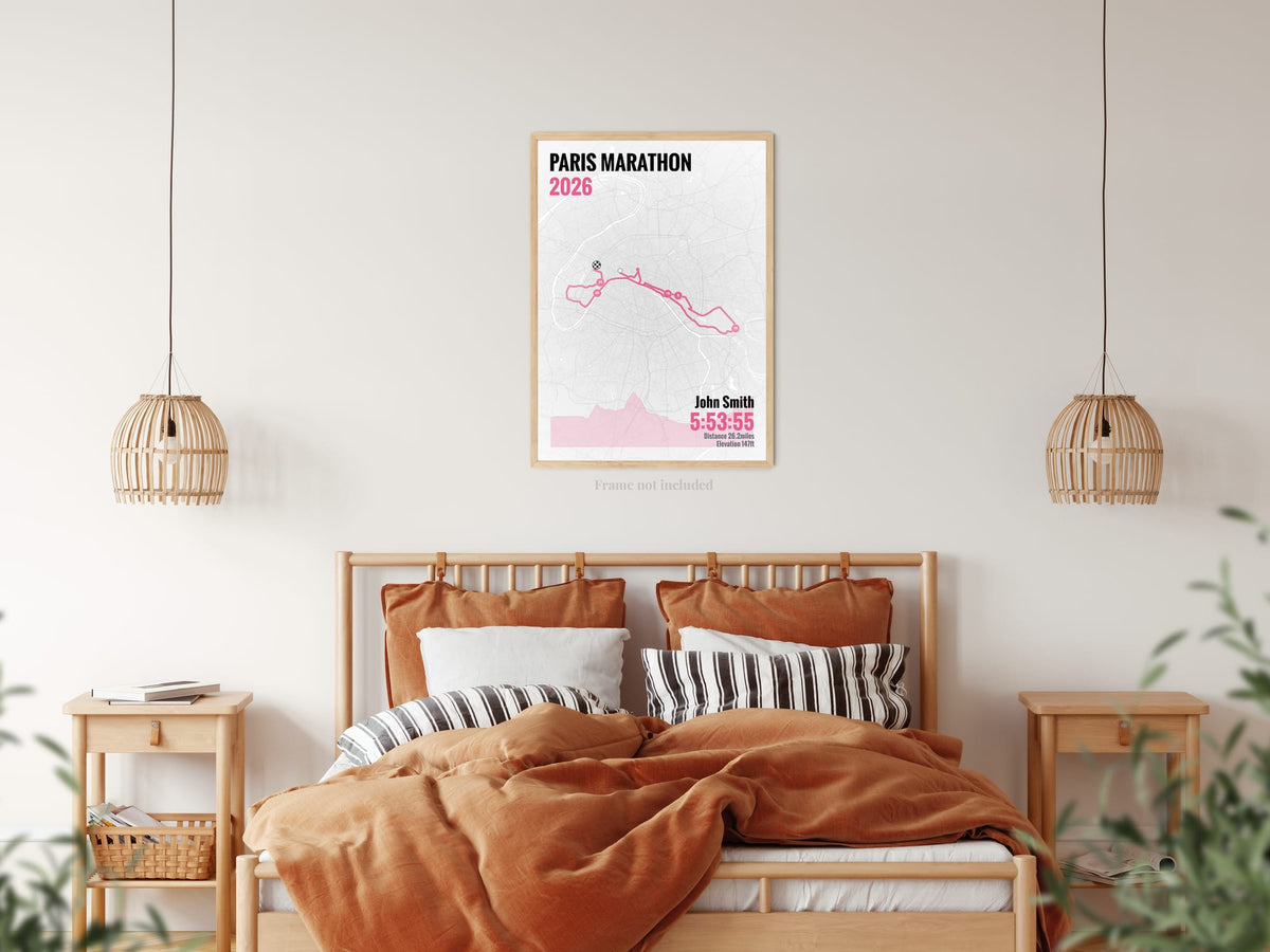 Paris Marathon route print in pink hanging above a bed
