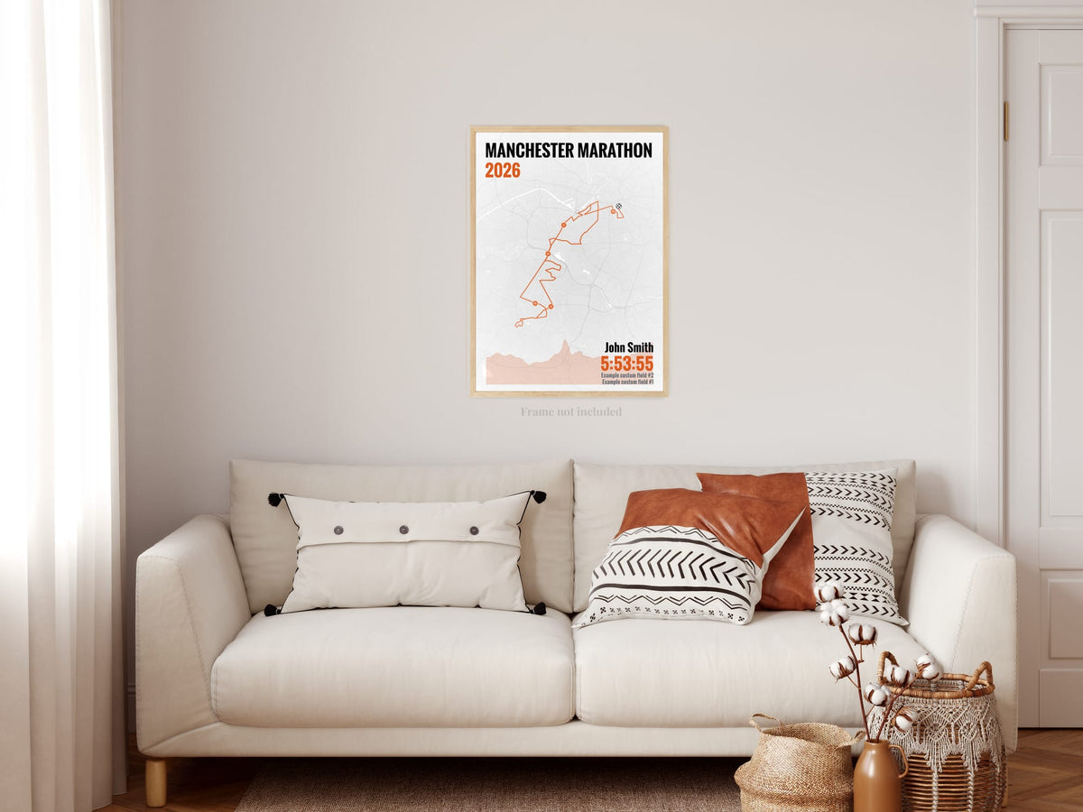 Manchester Marathon route print in orange above a sofa